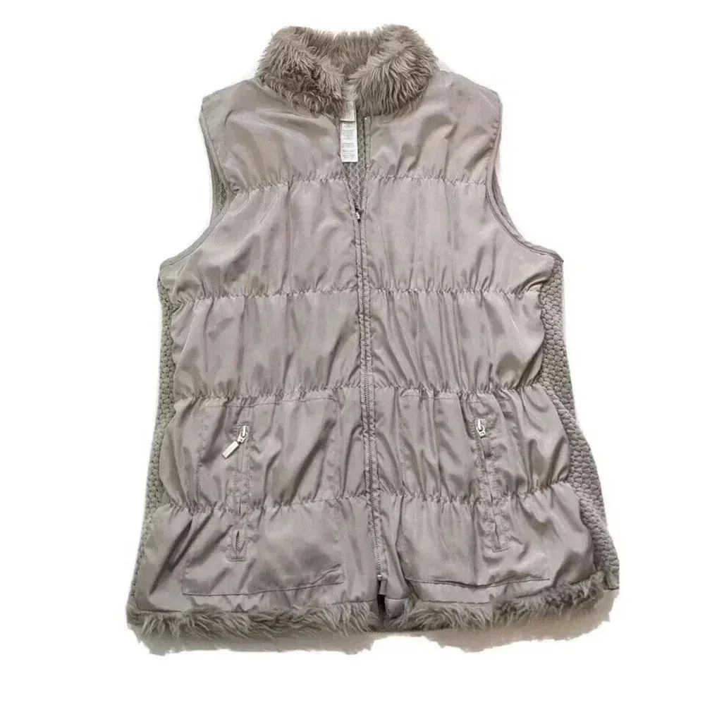 Chicos Tan Brown Faux Fur Zip Up Sleeveless Vest Size 1 Small Puffer Pockets